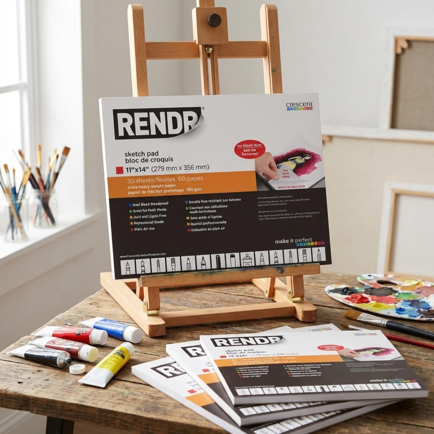 RENDR No Show Thru Sketch Pads for Drawing, Dual Sided Bleedproof, 11" x 14", Acid & Lignin Free, 80 Perforated pages, All Media, Heavy Weight 180 GSM