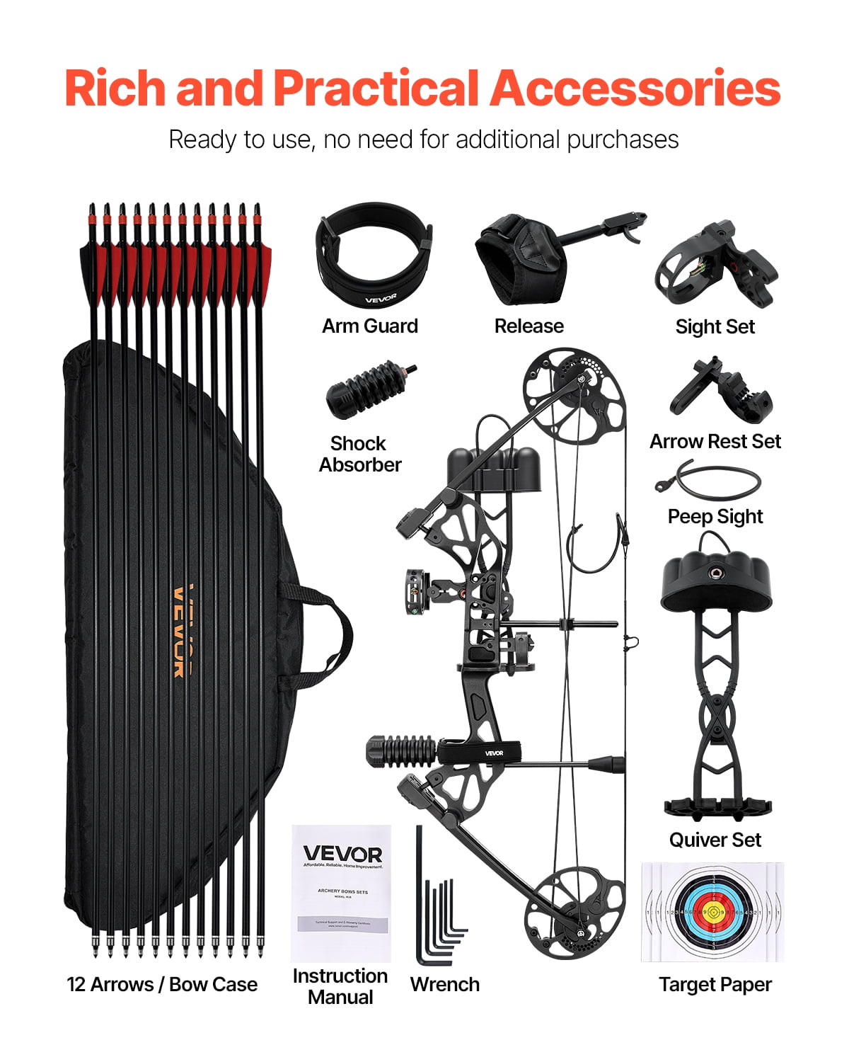 VEVOR Compound Bow Archery, Adjustable 19-30 in Draw Length Compound Bow Package for Beginner, 19-70 Lbs Draw Weight Archery Bows and Arrow Set, Right Hand Kit with Hunting Equipment, 320 fps, Black