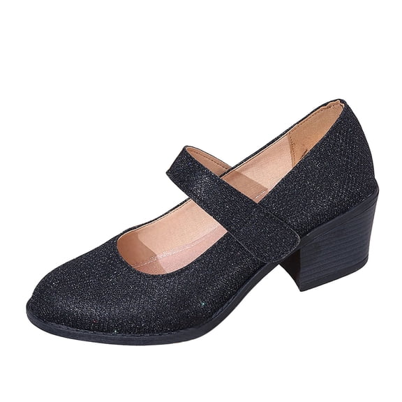 IUJSOY Stacked Heel Mary Jane Shoes for Women Hook and Loop Adjustable Ankle Strap Casual Pumps