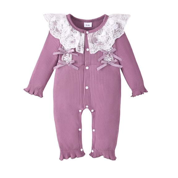 Newborn Baby Girls Clothes Baby Girls One-piece Romper Newborn Girls Long Sleeve Ruffle Lace Collar Solid Color Bodysuit Purple 0-3 Months