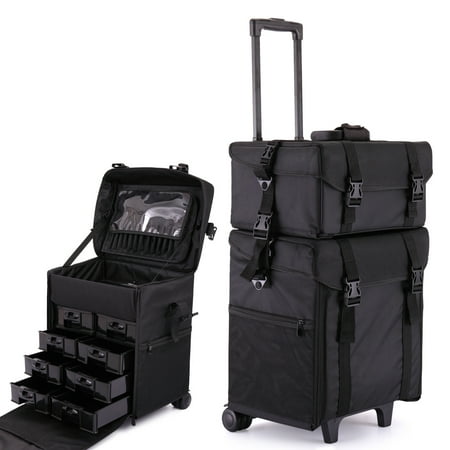 Little Black Travel Case - Lazymoon Black 2 in 1 Soft Rolling Makeup Travel Train Case Cosmetic Organizer Beauty Trolley Storage Box
