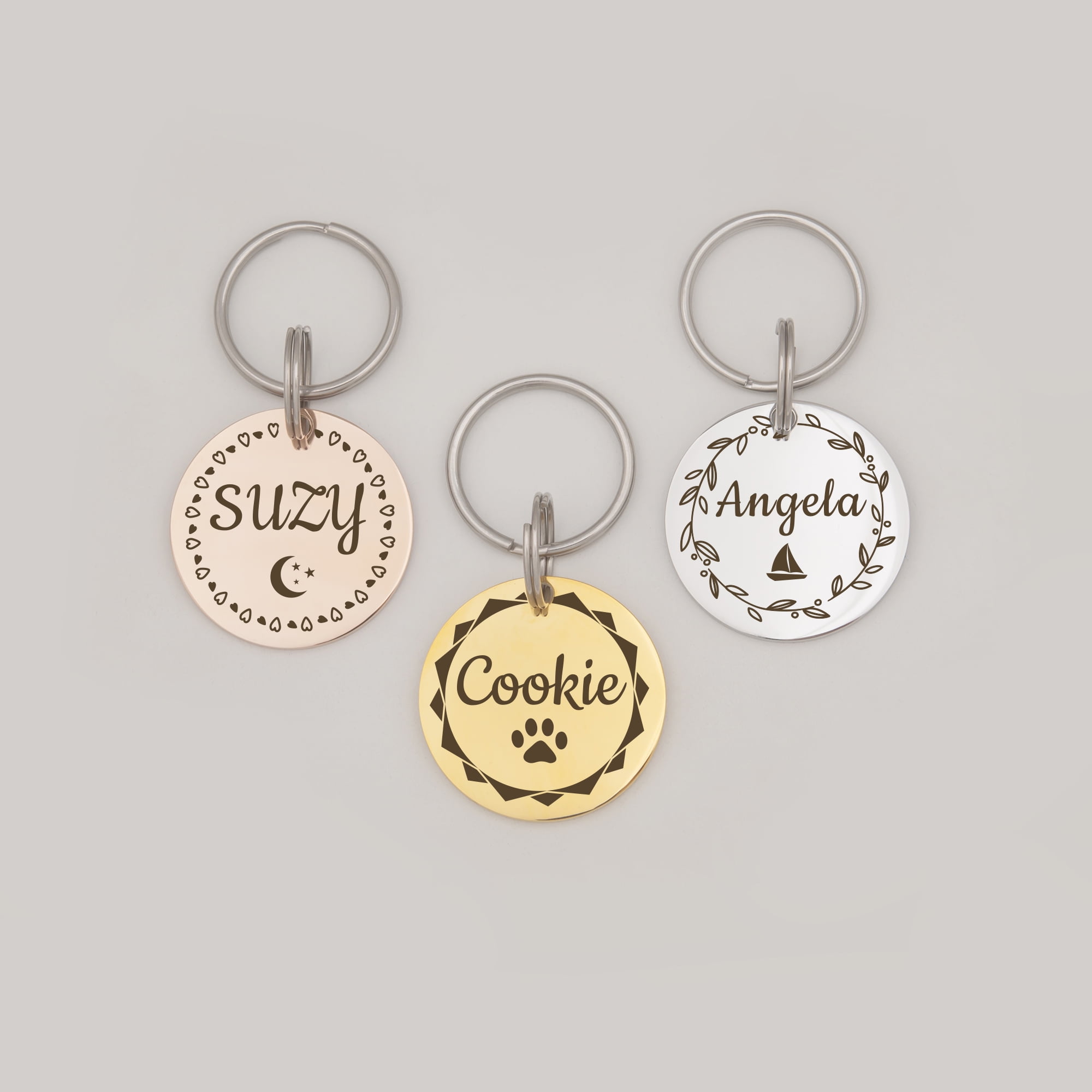 Anavia Metal Stainless Steel Round Name - Icon - Boarder Birthday Holiday Christmas Engraved Dog Cat ID Tag, Rose Gold