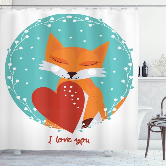 Ambesonne I Love You Shower Curtain, Romantic Theme Fox Heart, 69"Wx84"L, White Multicolor