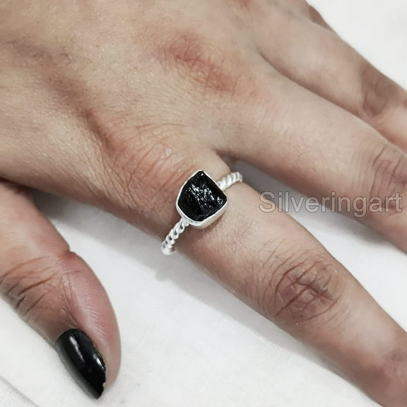Natural Black Tourmaline Ring, Rough Tourmaline Ring, October Birthstone, Twisted Band, 925 Sterling Silver, Womens Ring, Christmas, Thanksgiving, Handmade, Statement Jewelry, Raw Gemstone Jewelry