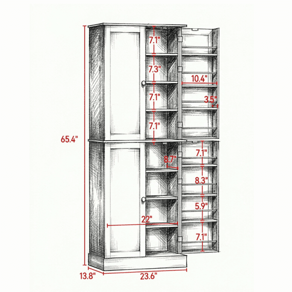 65" Kitchen Pantry Cabinet, 4-Door with 16 Shelves, Black