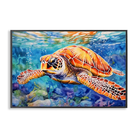 Stupell Industries Contemporary Brown Sea Turtle Under Surface Black Framed Giclee Art, 18 x 12, by LSR Design Studio