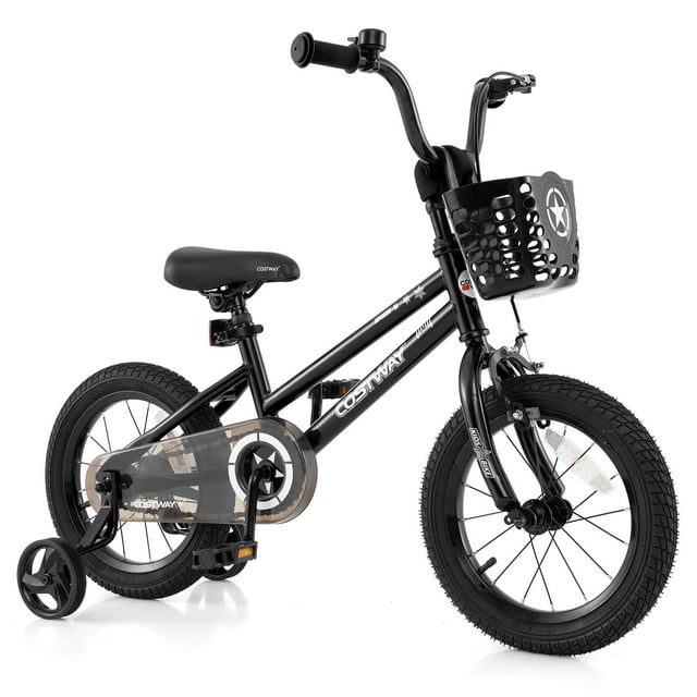 Costway Vélo pour Enfant 14 Pouces avec Roues Stabilisatrices, Guidon et Selle Réglables, Frein à Main, Noir