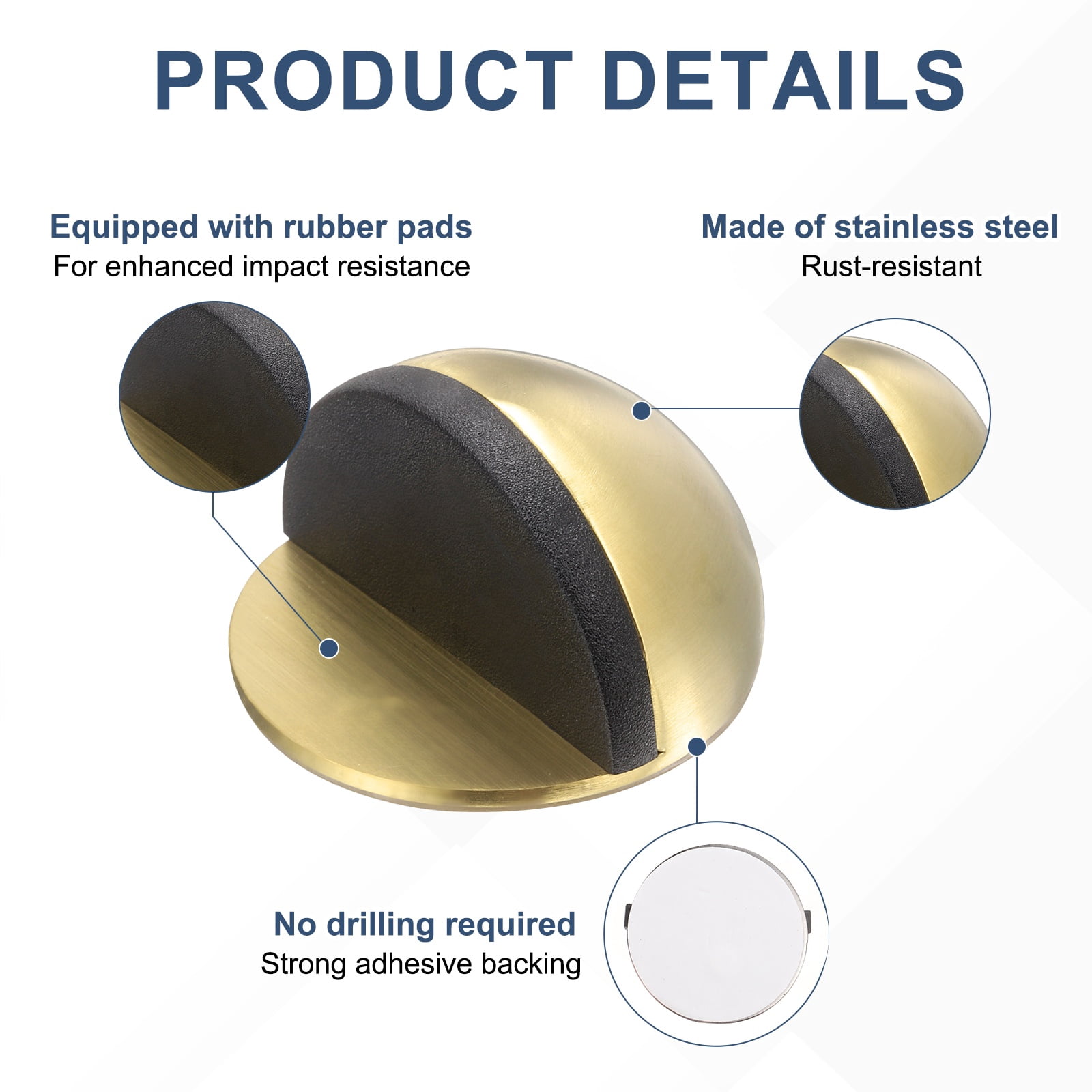 Uxcell 8 Pack Low Dome Floor Door Stop, 45mm Dia. Self Adhesive Door Stoppers, No Drilling Stainless Steel Half Dome Rubber Bumper Wall Protector for Bedroom Bathroom, Gold