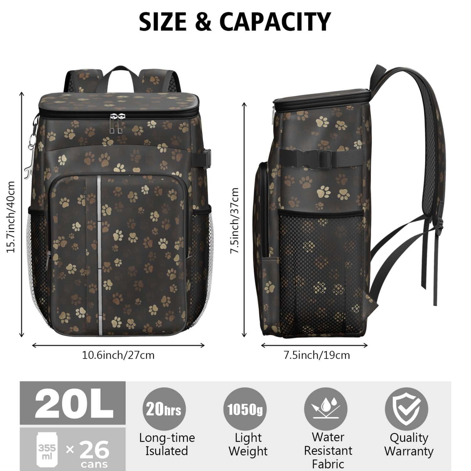 Travel Cooler Bag - Paw Print Camping Beer Cooler Backpack with Bottle Opener- Waterproof Insulated Picnic Backpacks - Cooler Bag for Beach