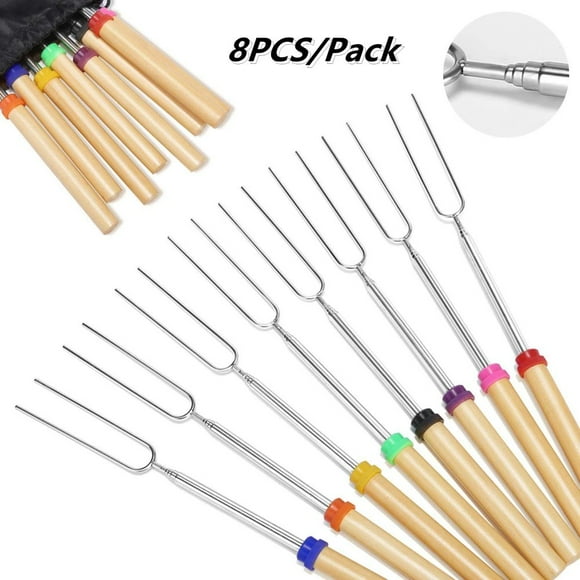 Marshmallows Roasting Sticks 12”-32” Extendable Barbecue Forks Wooden Handle for BBQ Hot Dog Fork Fire Pit Camping Cookware