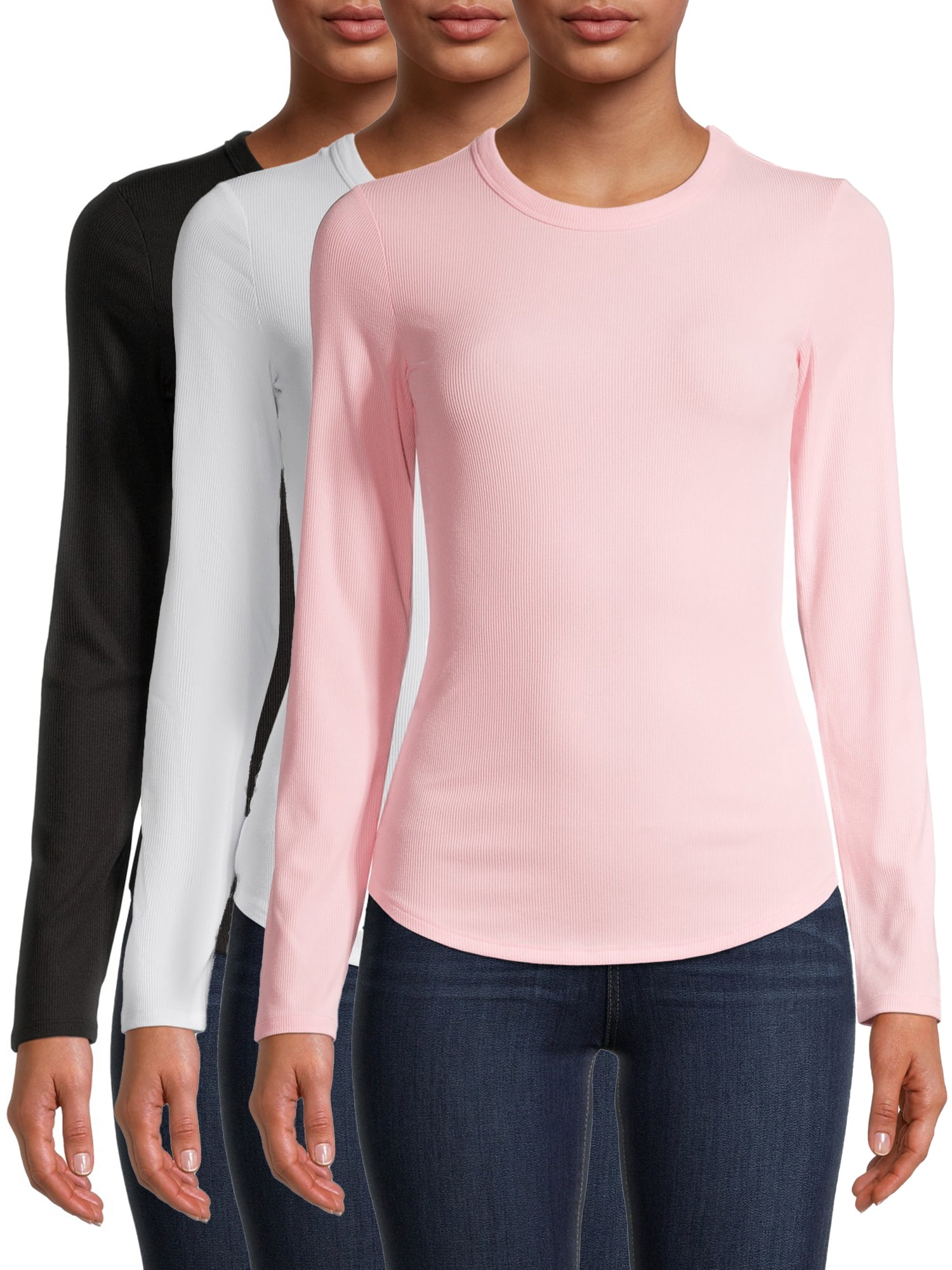 No Boundaries Juniors Ribbed Long Sleeve Crewneck T-Shirt, 3-Pack