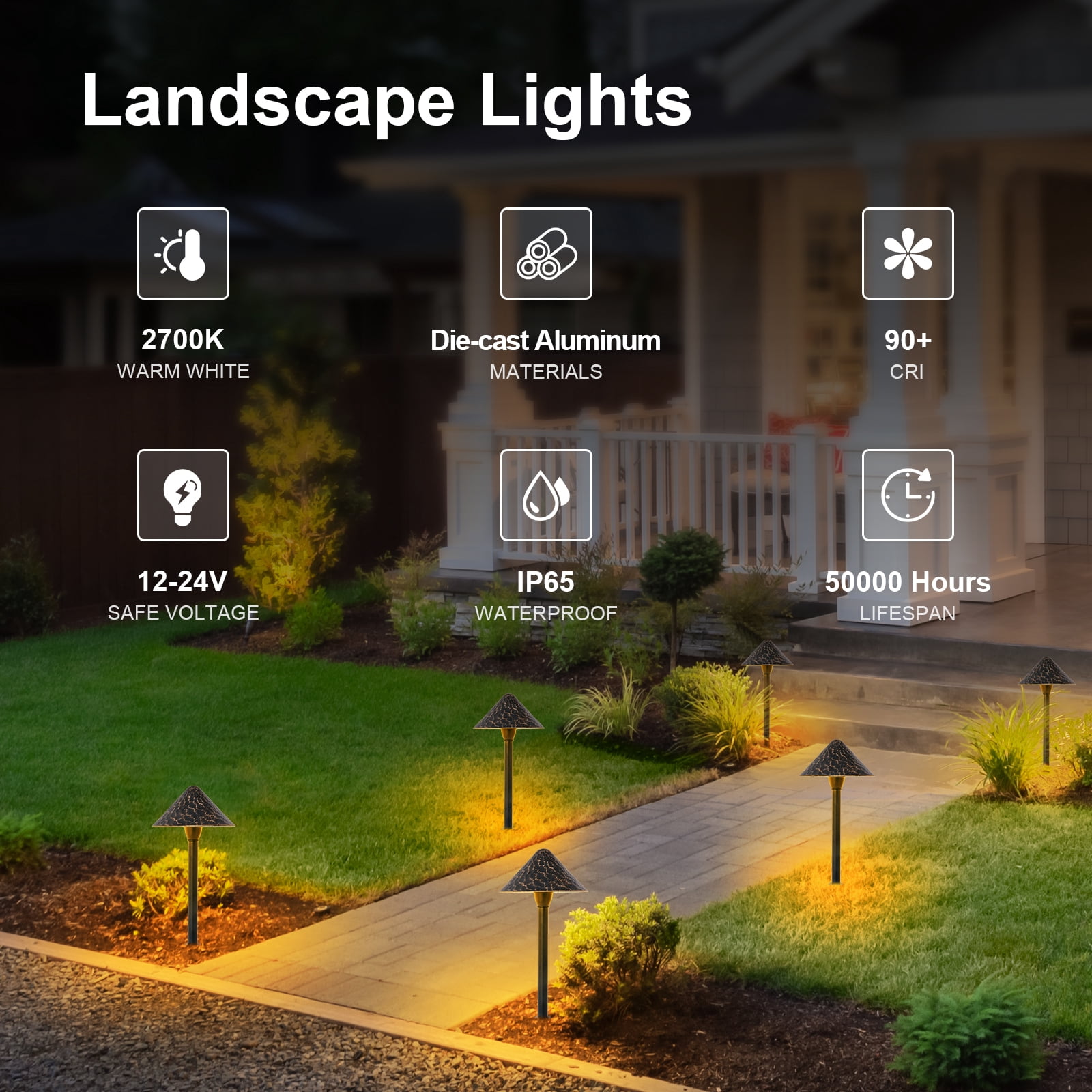 4-Pack Low Voltage Pathway Lights, 3W 12-24V CRI90+ Low Profile LED Landscape Path Lights, Cone Head with Vintage Golden Texture, Black Aluminum Housing,2700K Warm White for Garden