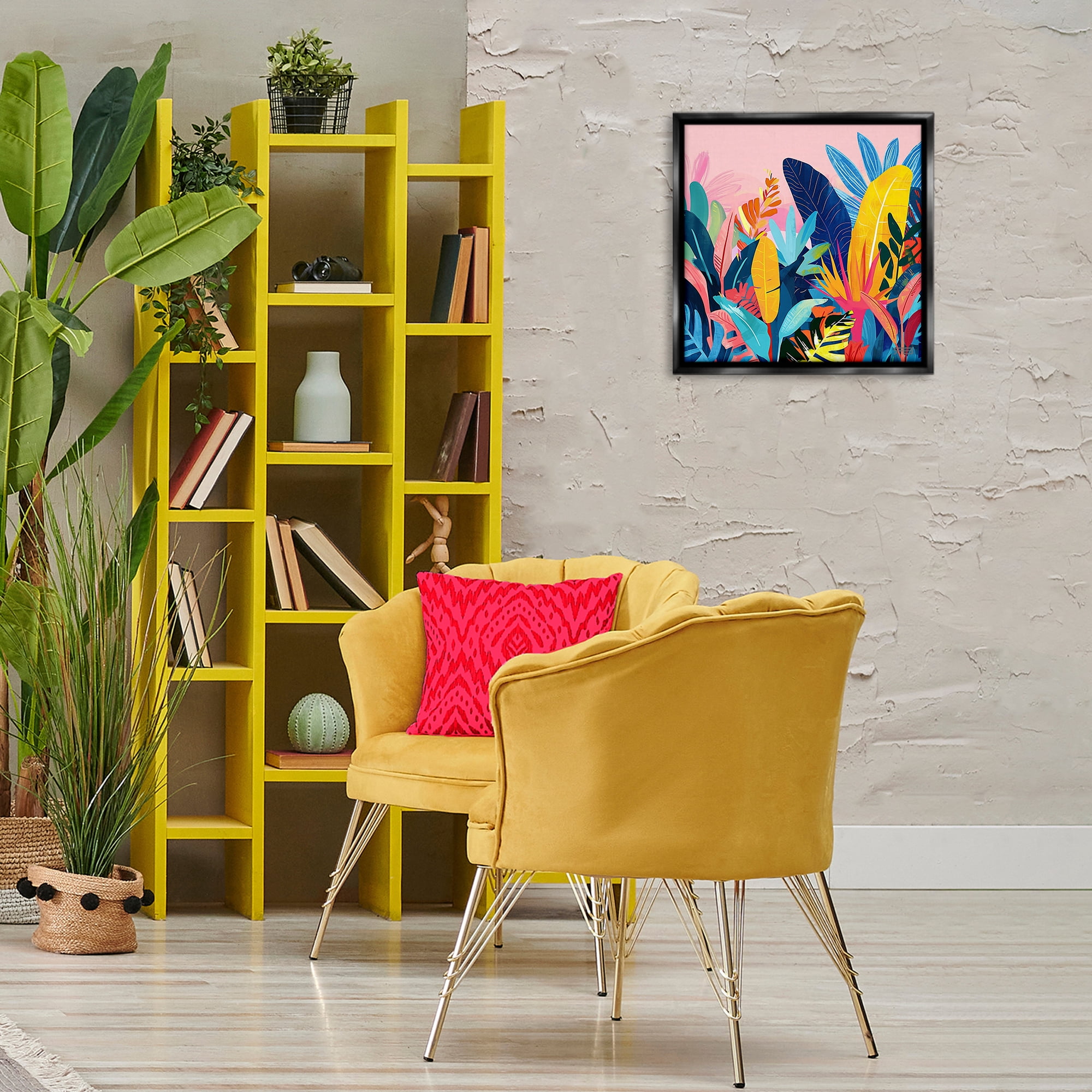 Stupell Industries Bold Tropical Jungle Leaves Botanical & Floral Painting Black Floater Framed Canvas Art Print Wall Art, 18 x 18