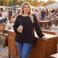 thumbnail image 3 of GRACE & GRANDEUR Women's Plus Size Swiss Dot Chiffon Blouse Crew Neck Lantern Sleeve Top with Pom Pom Detailing 4X Black, 3 of 8