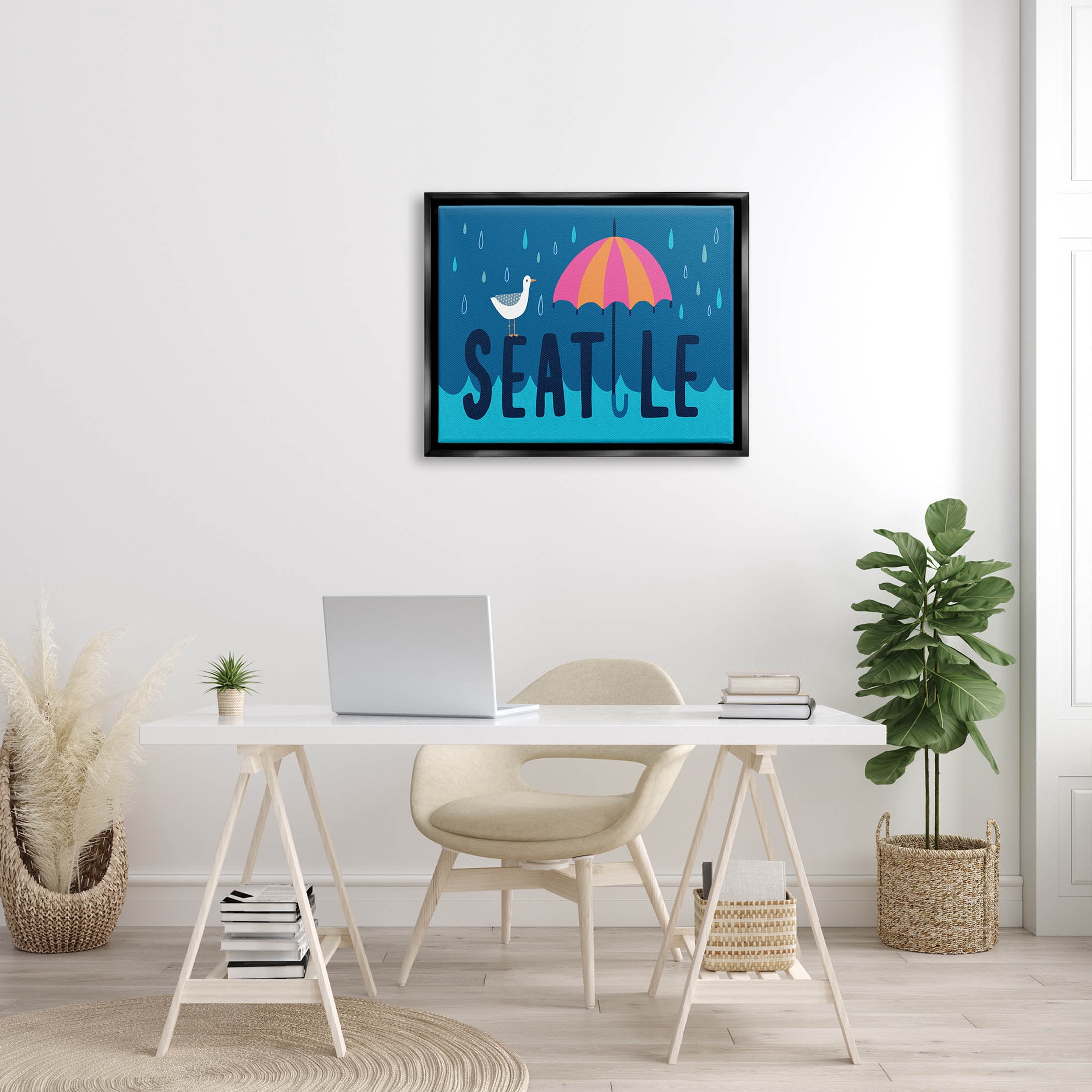 Seattle Raindrops Falling Seagull Animals & Insects Graphic Art Jet Black Framed Art Print Wall Art