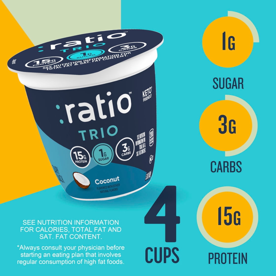 Ratio Trio Yogurt Cultured Dairy Snack, Coconut, 1g Sugar, Keto Yogurt Alternative, 4 Cups
