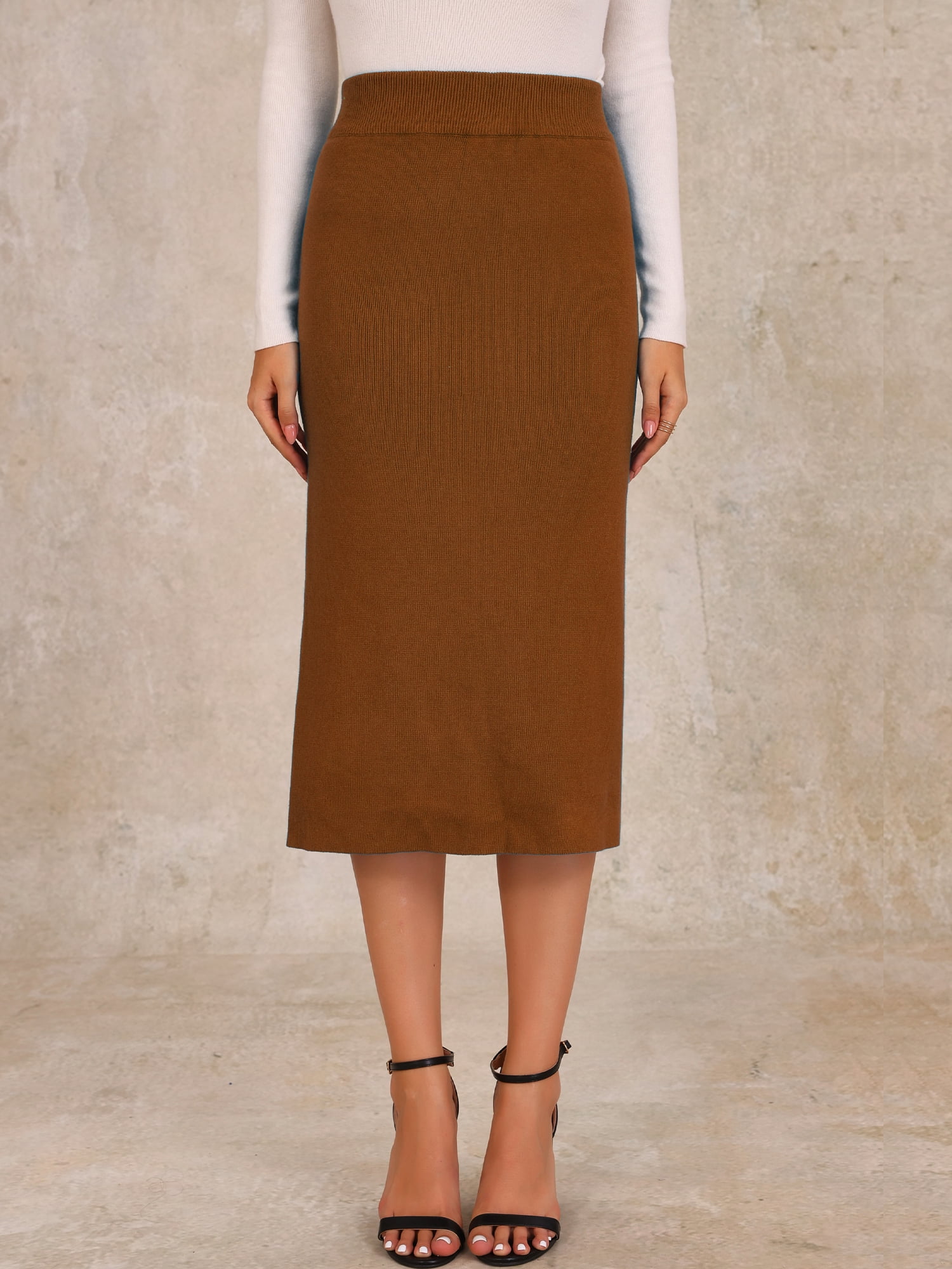 DARING DIVA Women's Ribbed Knit Stretchy Slit Midi Skirt XL Caramel
