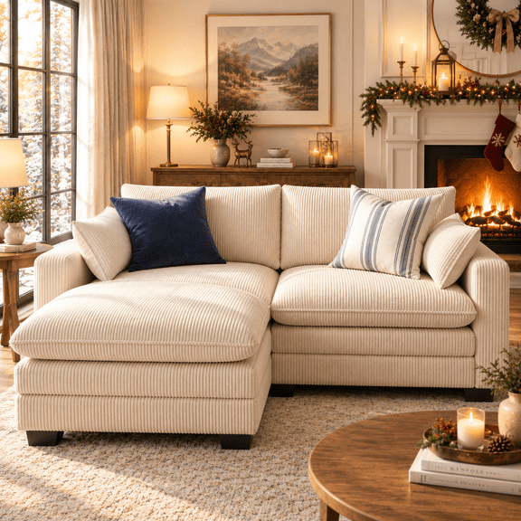 Lofka 70" Loveseat Sofa with Movable Ottoman, Corduroy L-shaped Couch for Living Room and Offices, Beige, Deep Seat