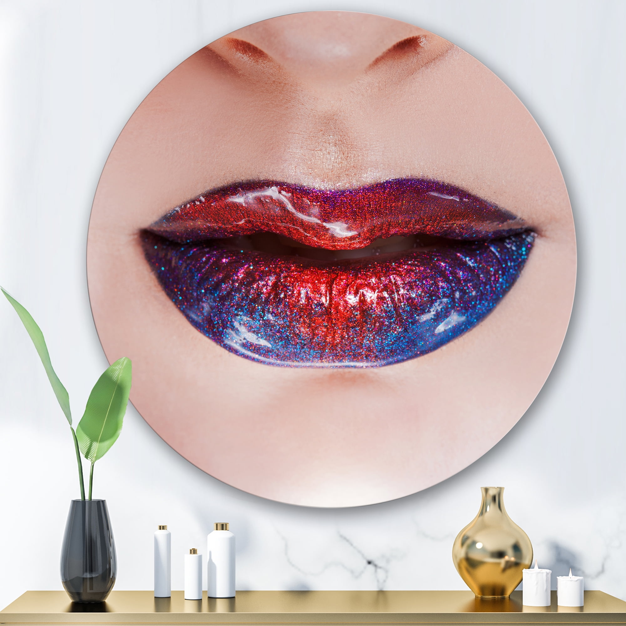 Designart 'Beautiful Women Lips With Red and Blue Lipstick' Modern Circle  Metal Wall Art 11x11 Disc of 11