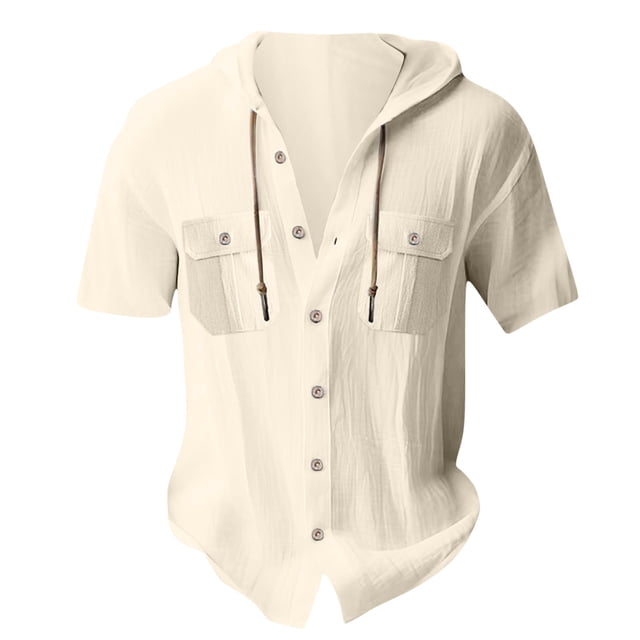 Camisas de Manga Larga de los Hombres con Capucha Cardigan de Color Sólido Suelto Top de Lino, Casual Deportes Camisa de Playa con Botones