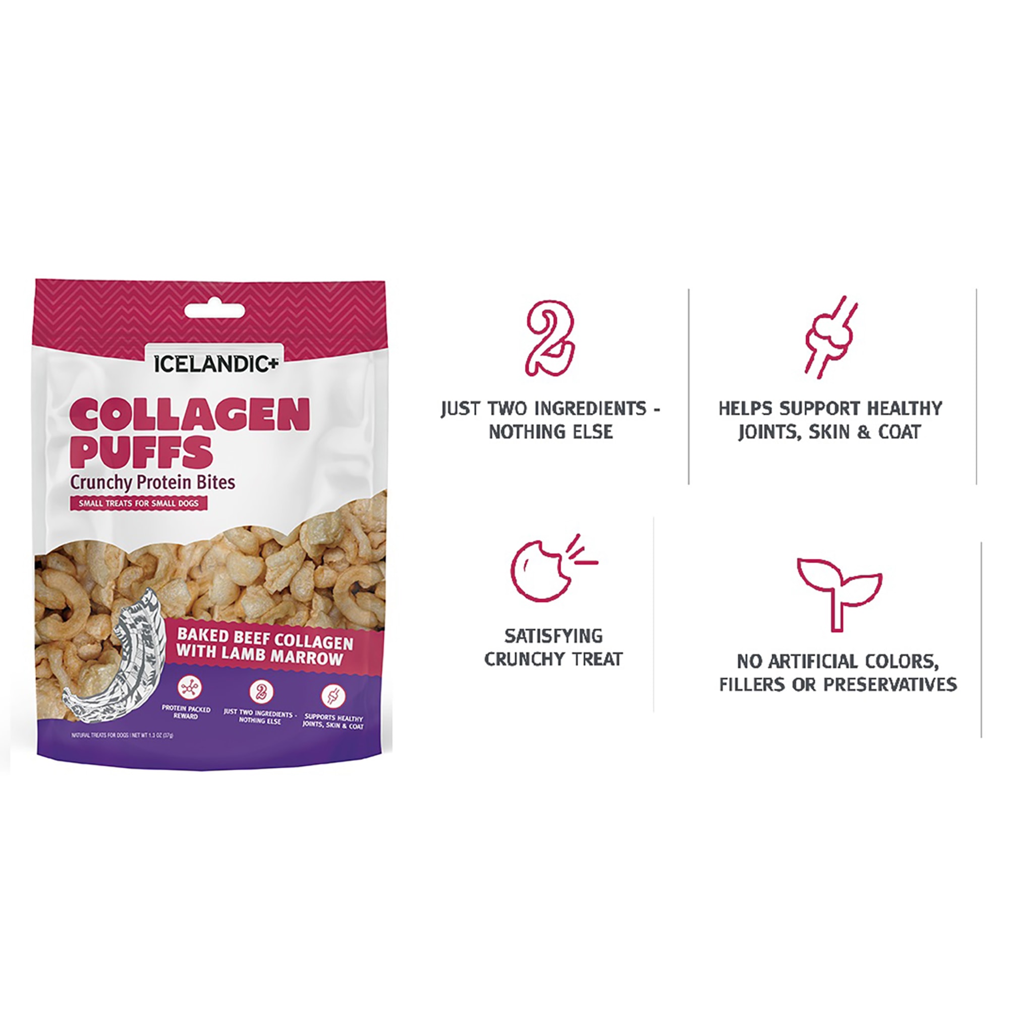 Icelandic+ Collagen Puffs: Baked Beef Collagen With Lamb Marrow 1.3oz - Small Dog Treats, Crunchy Protein Bites