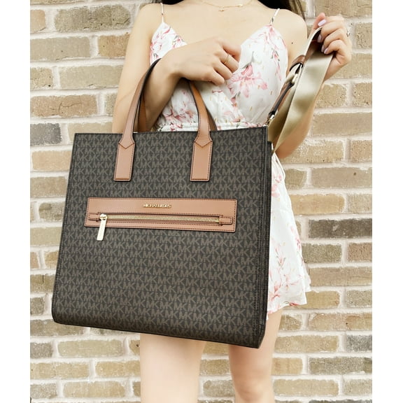 Michael Kors Kenly Large Leather MK Logo NS Tote Handbag (Army Green Multi/Brown)