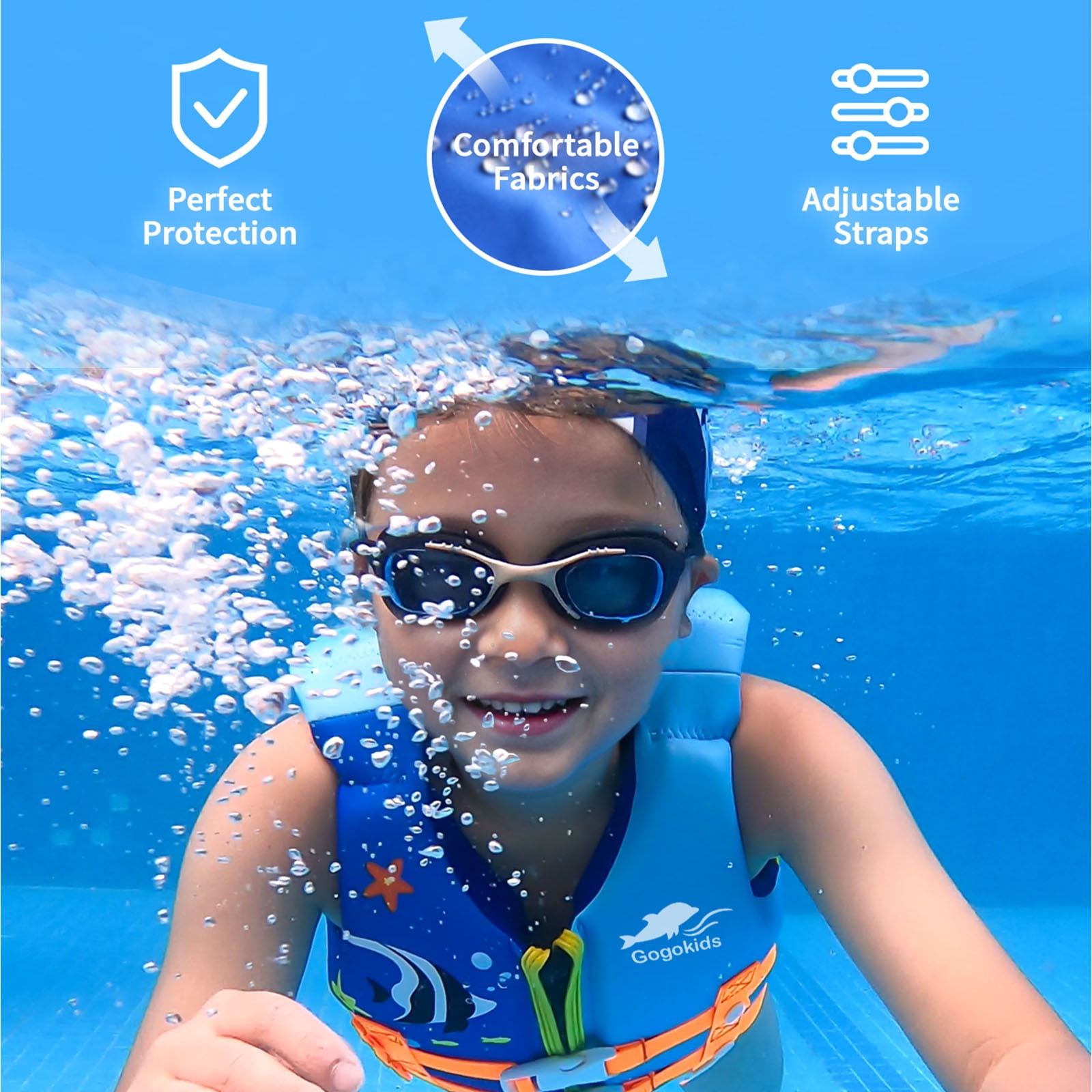 Gogokids Kids Life Jacket, Swim Vest Toddler Flotation Swimming Aid with Adjustable Safety Strap Bouyancy Swimwear,Blue Fish