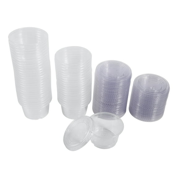 4 Sizes 50 Pieces Disposable Plastic Clear Sauce Chutney Cups Box with Lids Small Mini Containers for Food Takeaway Disposable Plastic Serving Cups[4oz]