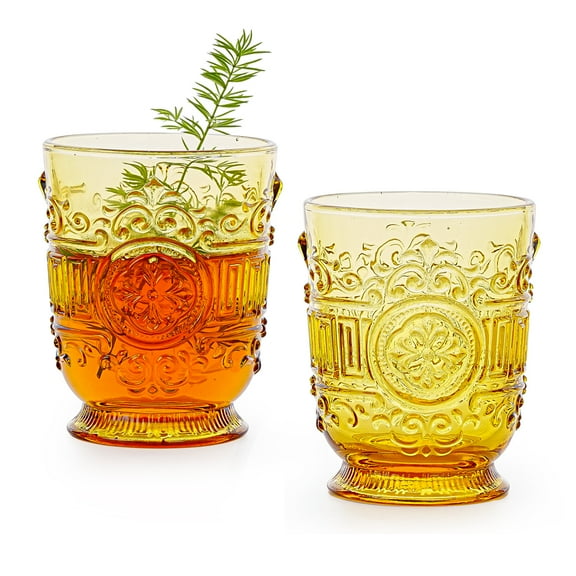 Sungmor Vintage Embossed Drinking Glasses Set of 2 - Amber Yellow Tumbler Glasses, 10 oz Decorative Cups for Cocktails, Water or Juice - Antique Baroque Style Glassware
