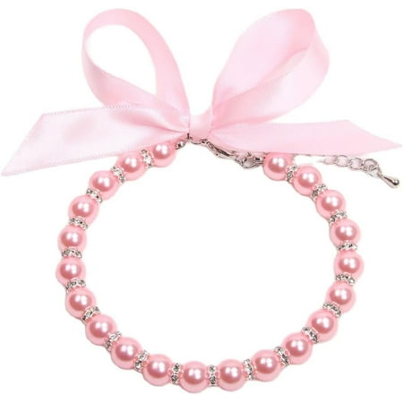 Derest Dog Cat Pearl Necklace Collar with Bling Accessories and Ribbon Bow  Pearls Necklace Jewelry for Female Dogs Cats  Fashion Pearl Collar Necklace for Dogs Puppy Kitten Birthday Party