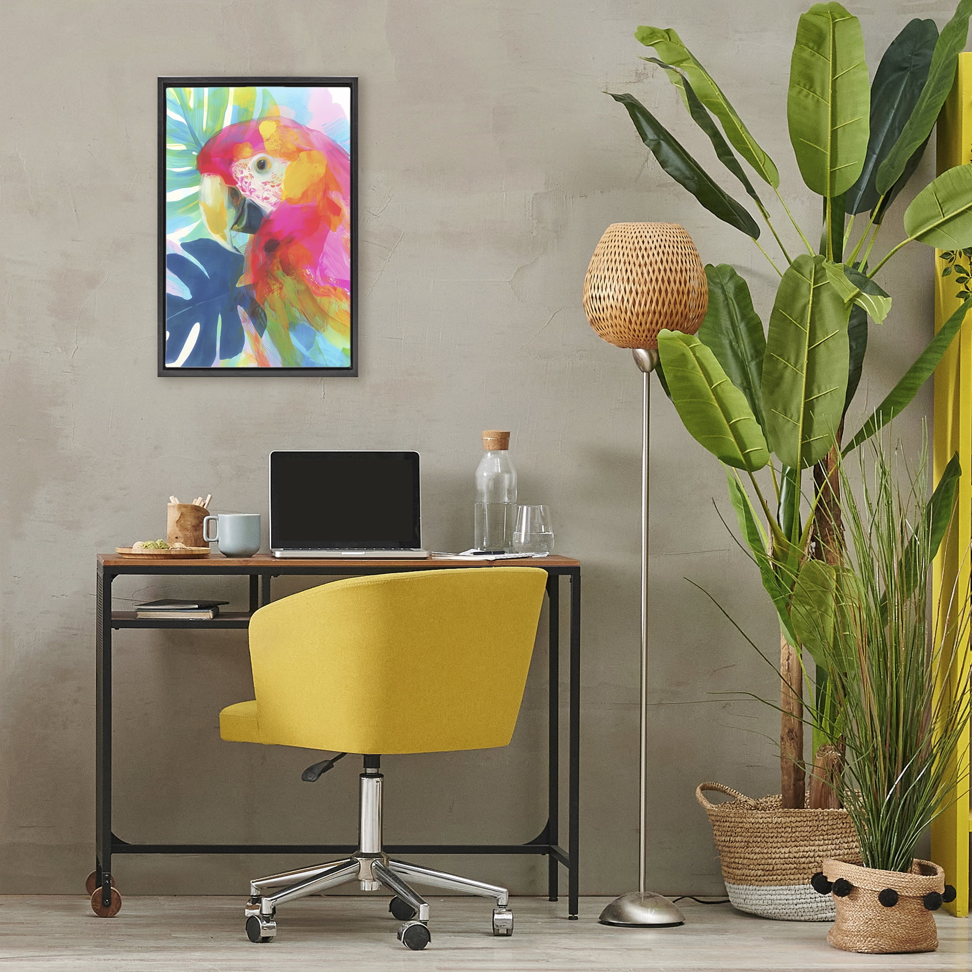 Stupell Industries Scarlet Macaw in Paradise Black Framed Floater Canvas Wall Art, design by Chromatic Storm Studio
