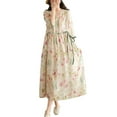 thumbnail image 4 of YM YOUMU Women V-neck Cotton Linen Floral Print Dress Half Sleeve Drawstring Loose Beach Holiday, 4 of 5
