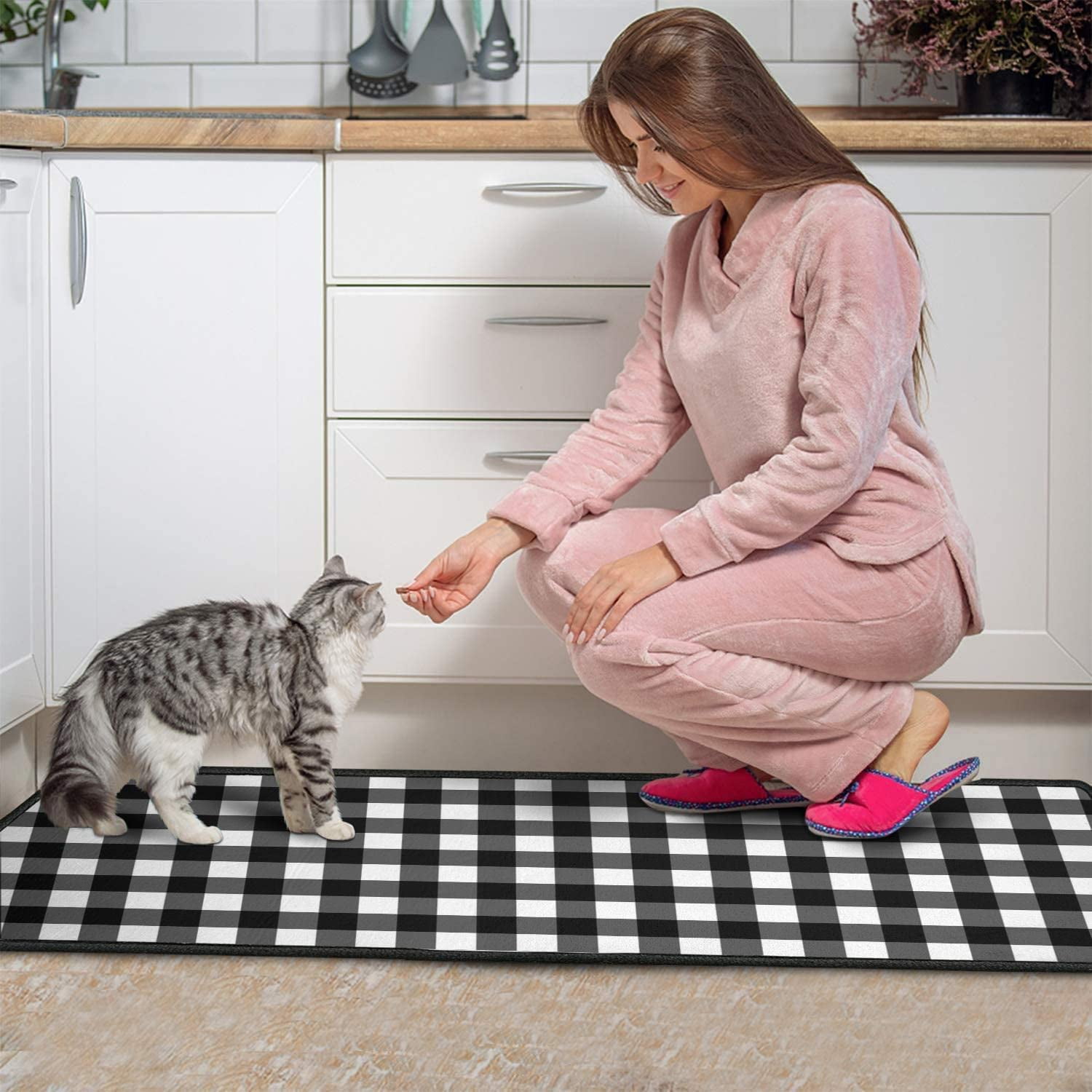 2 Pieces Buffalo Plaid Kitchen Rugs Set Farmhouse Decor Kitchen Mat Black and White Rug, Water Absorb Microfiber Washable Runner Rugs Decoration Checkered Mats,17"x 47"+17" x 30"