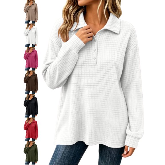 Women's Waffle Knit Sweatshirt Oversized Lapel Button Collar Long Sleeve Plaid Loose Casual Everyday Top