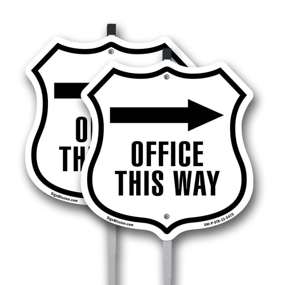 Office This Way Right (2 Pack) 12 inch X 12 inch Shield Shaped Commercial Grade Plastic Signs with Aluminum Mounting Stakes Weather Resistant Made in the USA