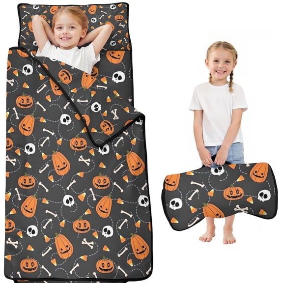 Halloween Pumpkin Skull Pattern Toddler Nap Mats for Kids Preschool,50"x20" Sleeping Mat Bag or Kids,Toddler Sleeping Bag,Toddler Nap Mat or Daycare