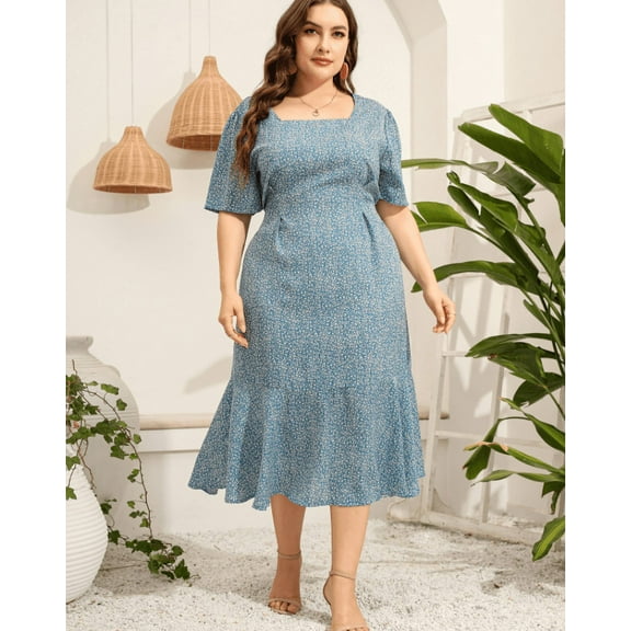 Women's Summer Floral Midi Plus Size Dresses Short Puff Sleeve Square Neck Ruffle Hem Mermaid Cocktail Dress