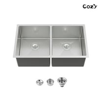 COZY Black Stainless Steel Kitchen Sink, Drop In Double Bowl, Undermount Handmade Sink in Matte Black, with US Standard Drain and Hook.