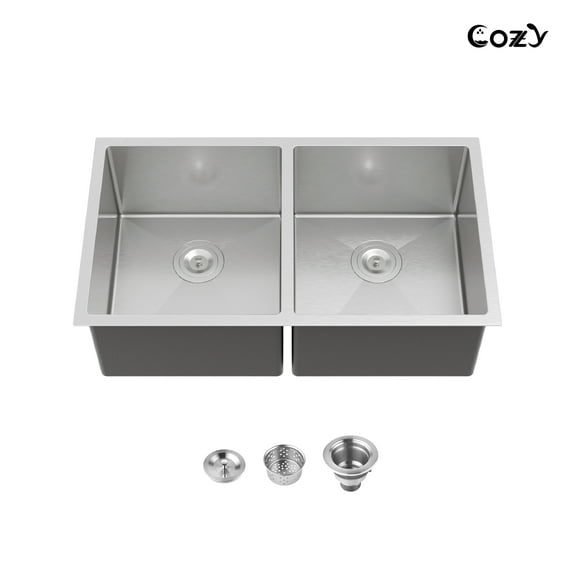 COZY Black Stainless Steel Kitchen Sink, Drop In Double Bowl, Undermount Handmade Sink in Matte Black, with US Standard Drain and Hook.