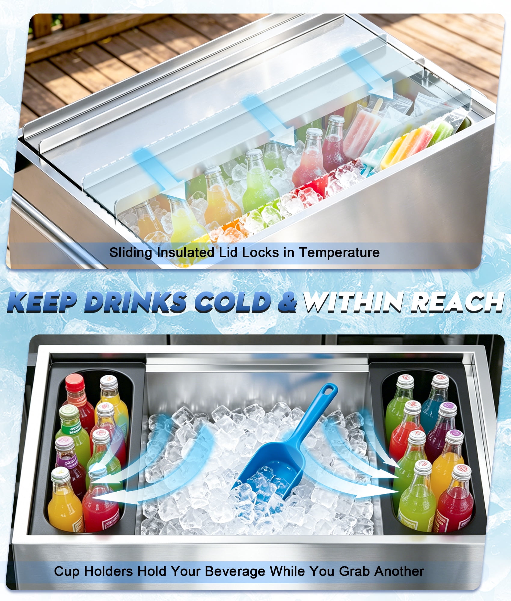Esheno 80 Quart Rolling Ice Chest Cooler Cart Stainless Steel Insulated Outdoor Beverage Cooler with Cup Holders Wheels Sliding Lid Drain for Backyard Pool Party BBQ