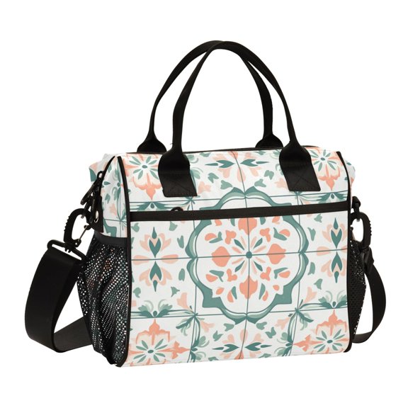FORMRS Insulated Lunch Bag for Work School Unisex Large Capacity Cooler with Shoulder Strap, Green Geometric Pattern