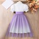thumbnail image 4 of Vestido Formal de Manga Corta Vestido de Malla de Solapa de Color Sólido para Niños con Mangas Hinchadas Y Falda en Capas, Cintura de Contraste con Arco, Casual Y Cómodo para Niños de Mediano a Grande, 4 of 7