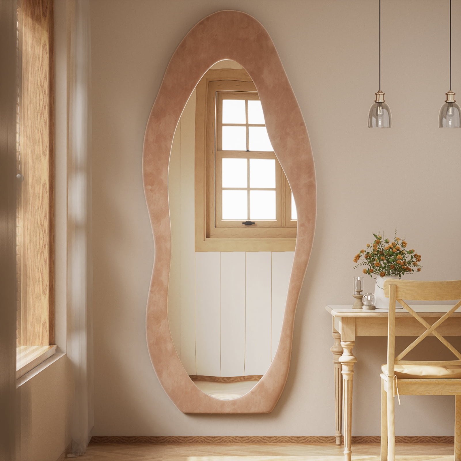 Anyrose 71"x30" Full Length Mirror Irregular Cloud Floor Mirror With Flannel Frame, Light Brown
