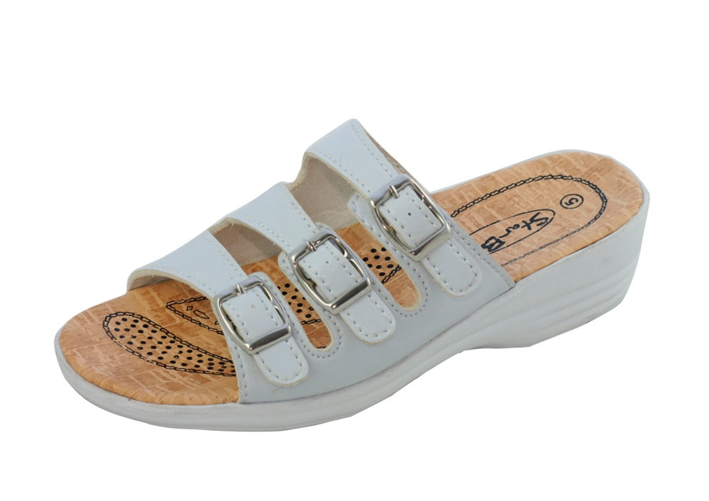 Women's SlipOn Low Wedge Comfort Sandals, Three Buckle