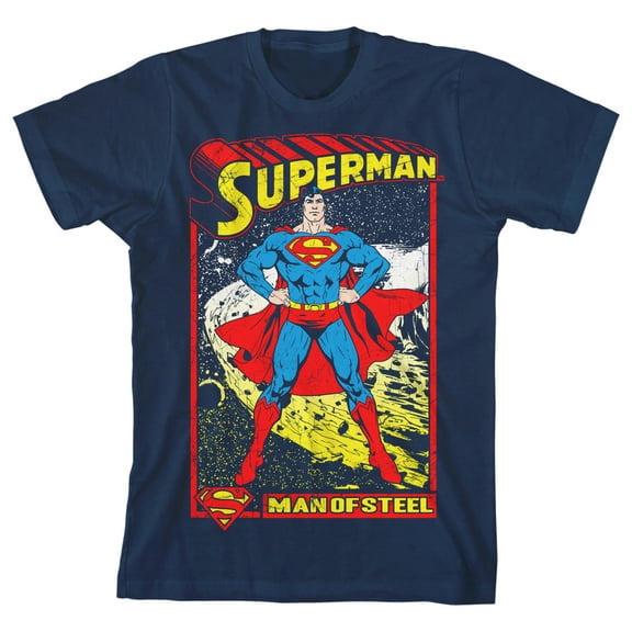 Superman Man of Steel Comic Art Boy's Navy T-shirt-XL