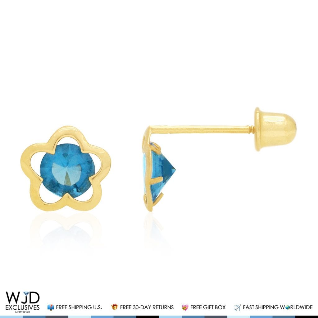 14k Yellow Gold Topaz Flower Baby Screw Back Stud Earrings