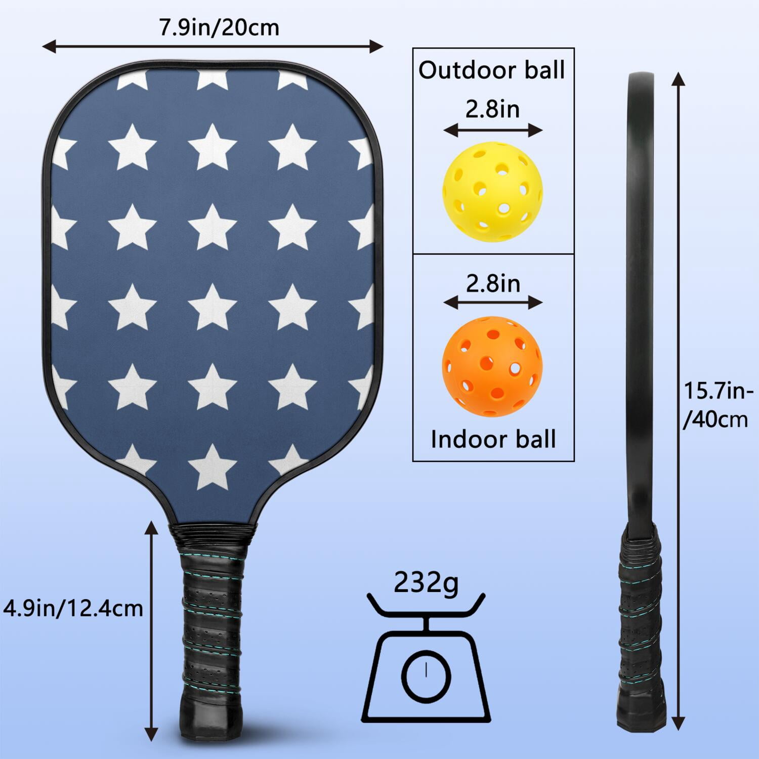 Pickleball Paddles Set Of 1, Fiberglass Surface, USA, Star Print, 1 Paddle, 2 Balls & Bag