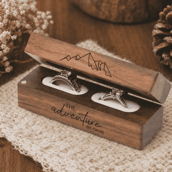 Ring Boxes for Ceremony, Engraved Flip Wooden 2 Ring Box, Rustic Wedding Decor, Vintage Decor, Keepsake Box, Engagement Gifts for Couples, Rectangle Solid Wood Jewelry Storage Ring Box