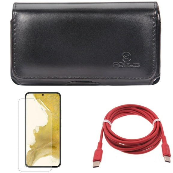 Red 6ft Long Cable & Case Belt Clip & Matte Screen Protector for Samsung Galaxy S22 (6.1") - USB-C to Type-C PD Fast Charger & Leather Swivel & TPU Film Anti-Glare Accessory Bundle