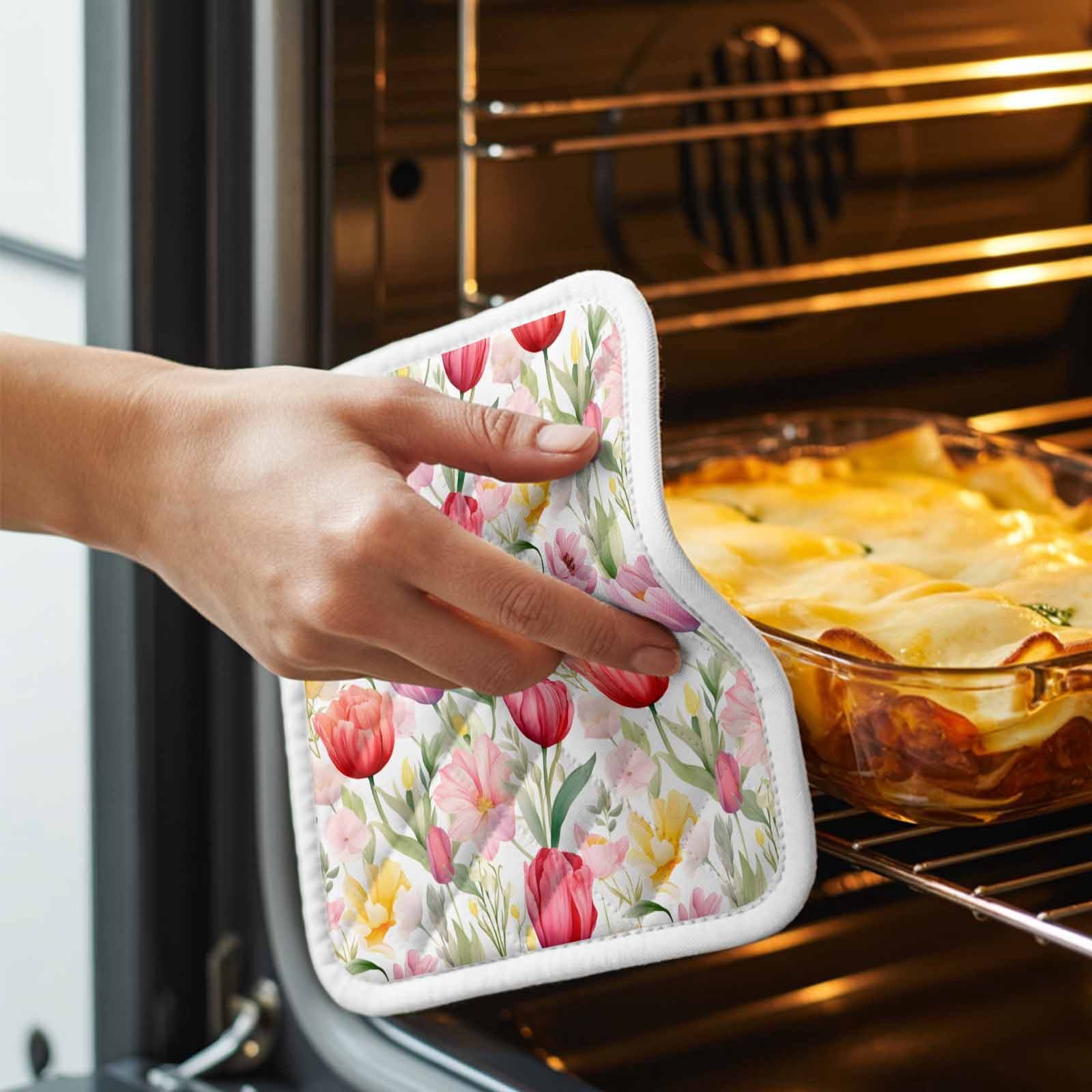 Spring Tulip Pot Holders for Kitchen Heatproof Potholder, 3 Pack Summer Floral Botanical Elegant Hot Pads Multipurpose Oven Pads Cloth Potholders Trivet for Cooking Baking